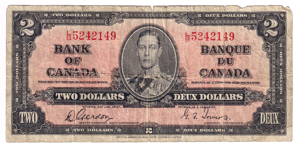 BC-22b 1937 Canada $2 Gordon-Towers, L/B, Circ