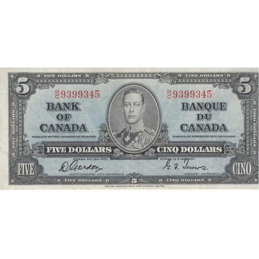 BC-23b 1937 Canada $5 Gordon-Towers, R/C, VF