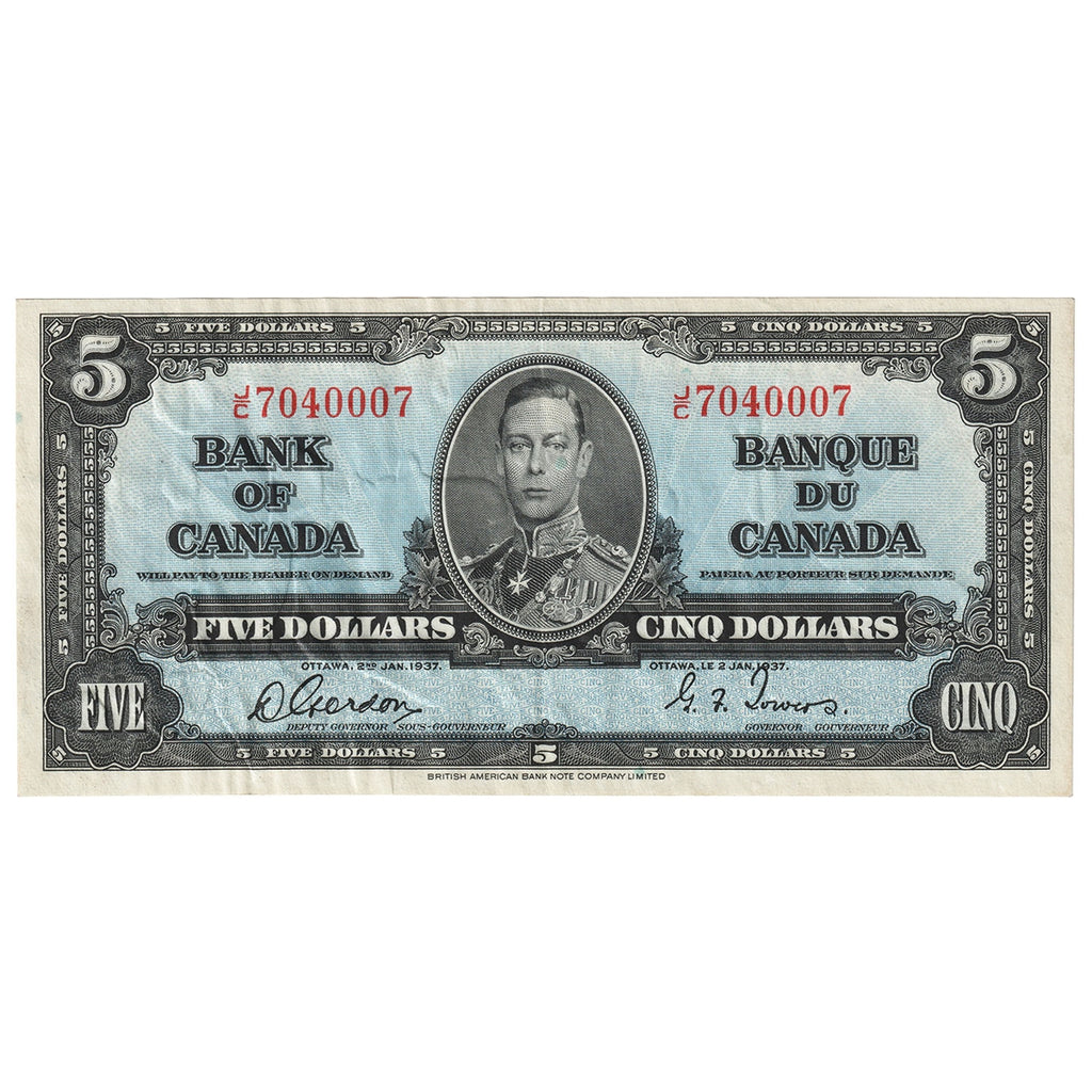 BC-23b 1937 Canada $5 Gordon-Towers, J/C, EF-AU