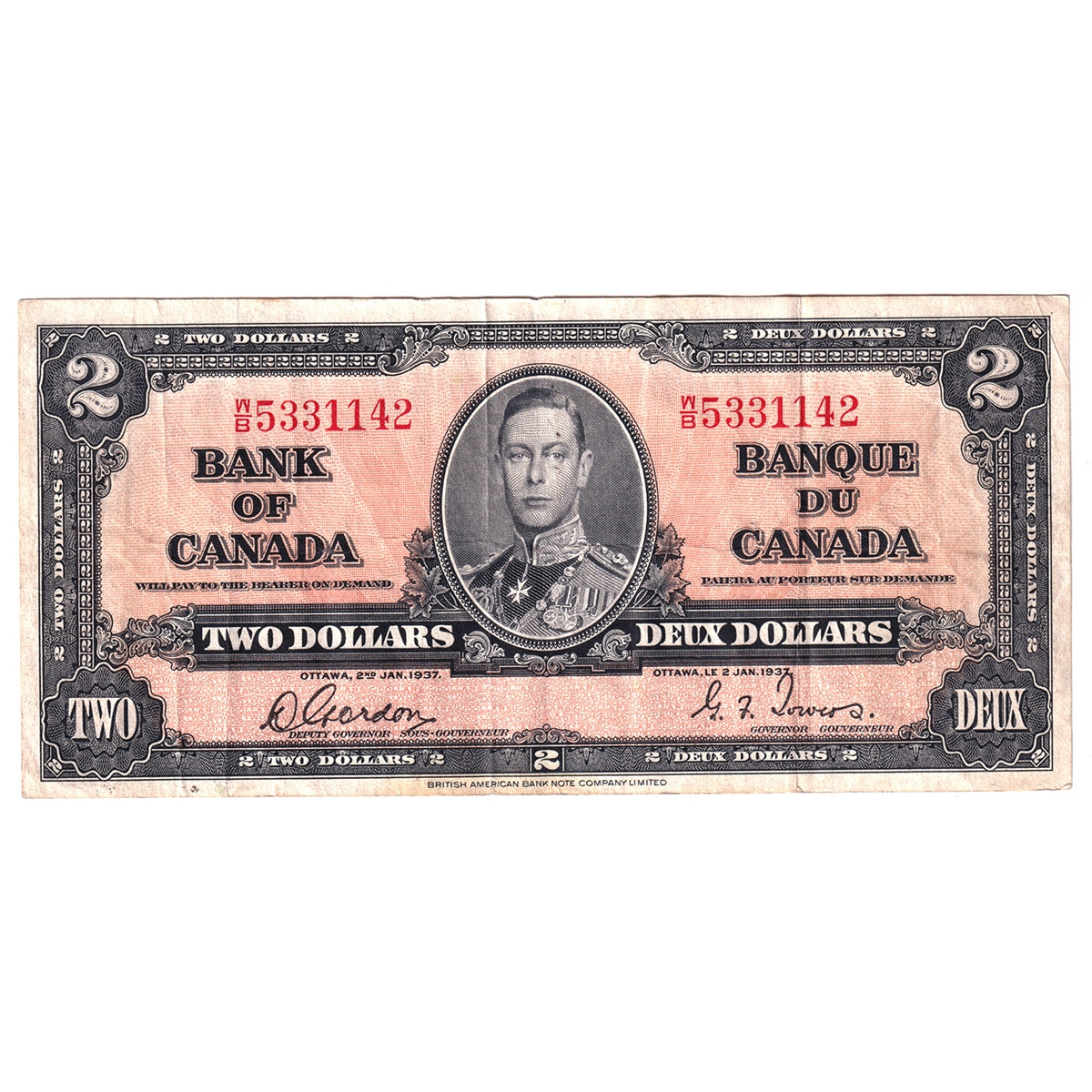 BC-22b 1937 Canada $2 Gordon-Towers, W/B, VF