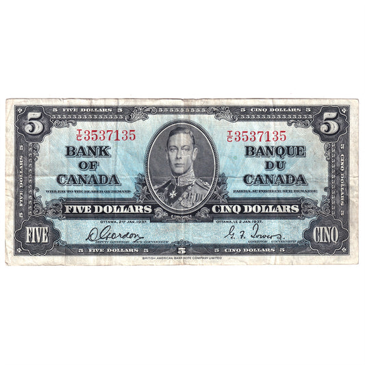 BC-23b 1937 Canada $5 Gordon-Towers, T/C, VF