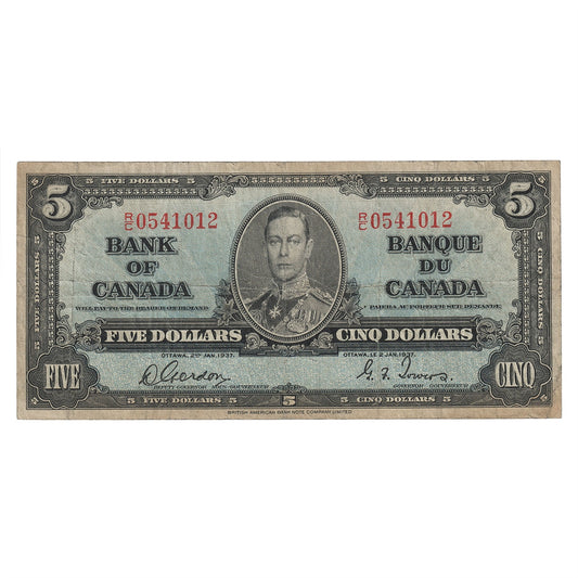 BC-23b 1937 Canada $5 Gordon-Towers, R/C, F-VF