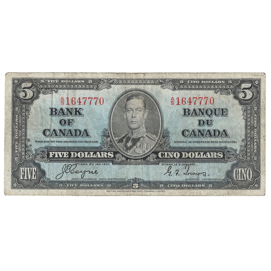 BC-23c 1937 Canada $5 Coyne-Towers, A/S, F-VF