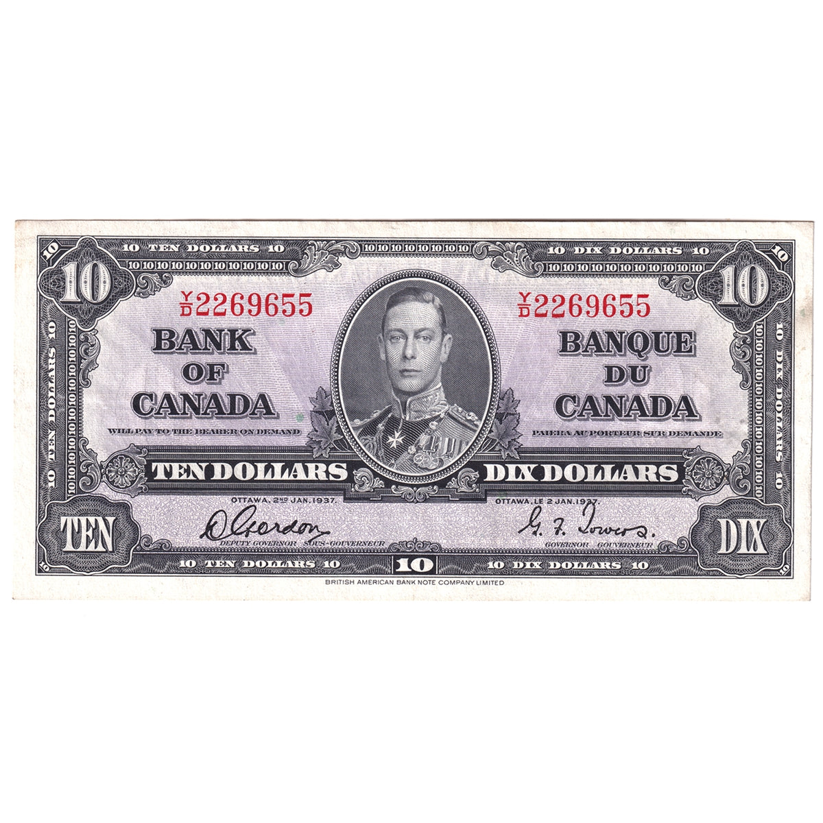 BC-24b 1937 Canada $10 Gordon-Towers, Y/D, EF-AU