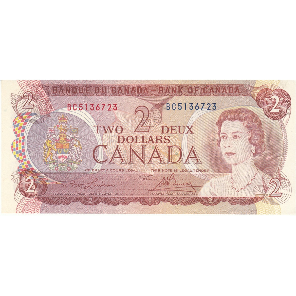 BC-47a 1974 Canada $2 Lawson-Bouey, BC Original Tint, AU