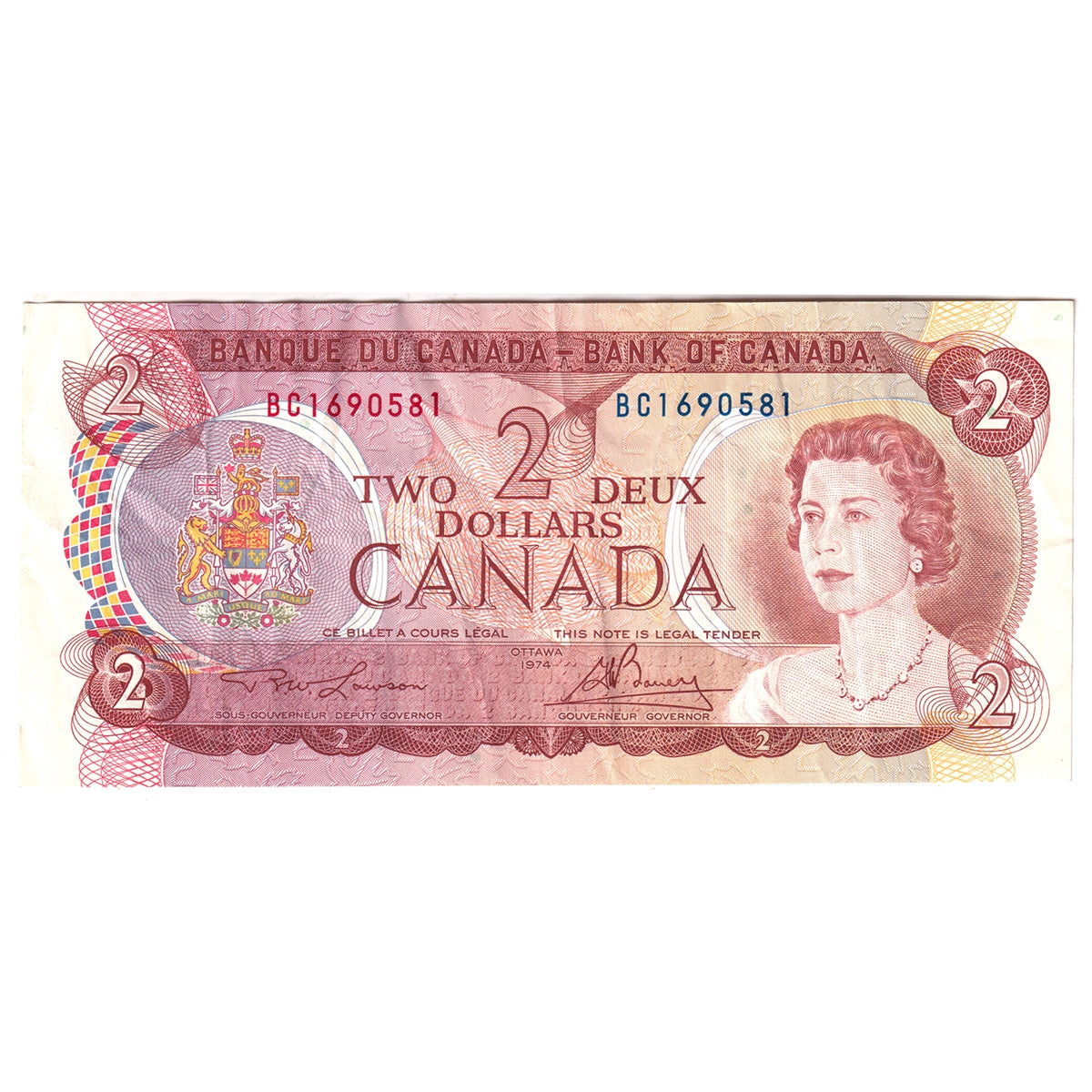 BC-47a 1974 Canada $2 Lawson-Bouey, BC, Original Tint, Circ