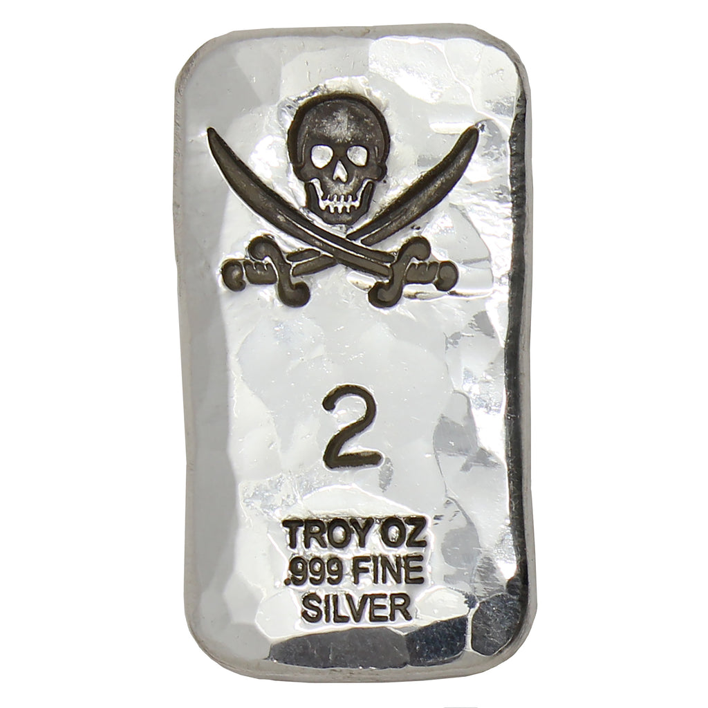 RSSC 2oz Hammered Bar w Skull & Swords Silver (No Tax) Lightly Scratched