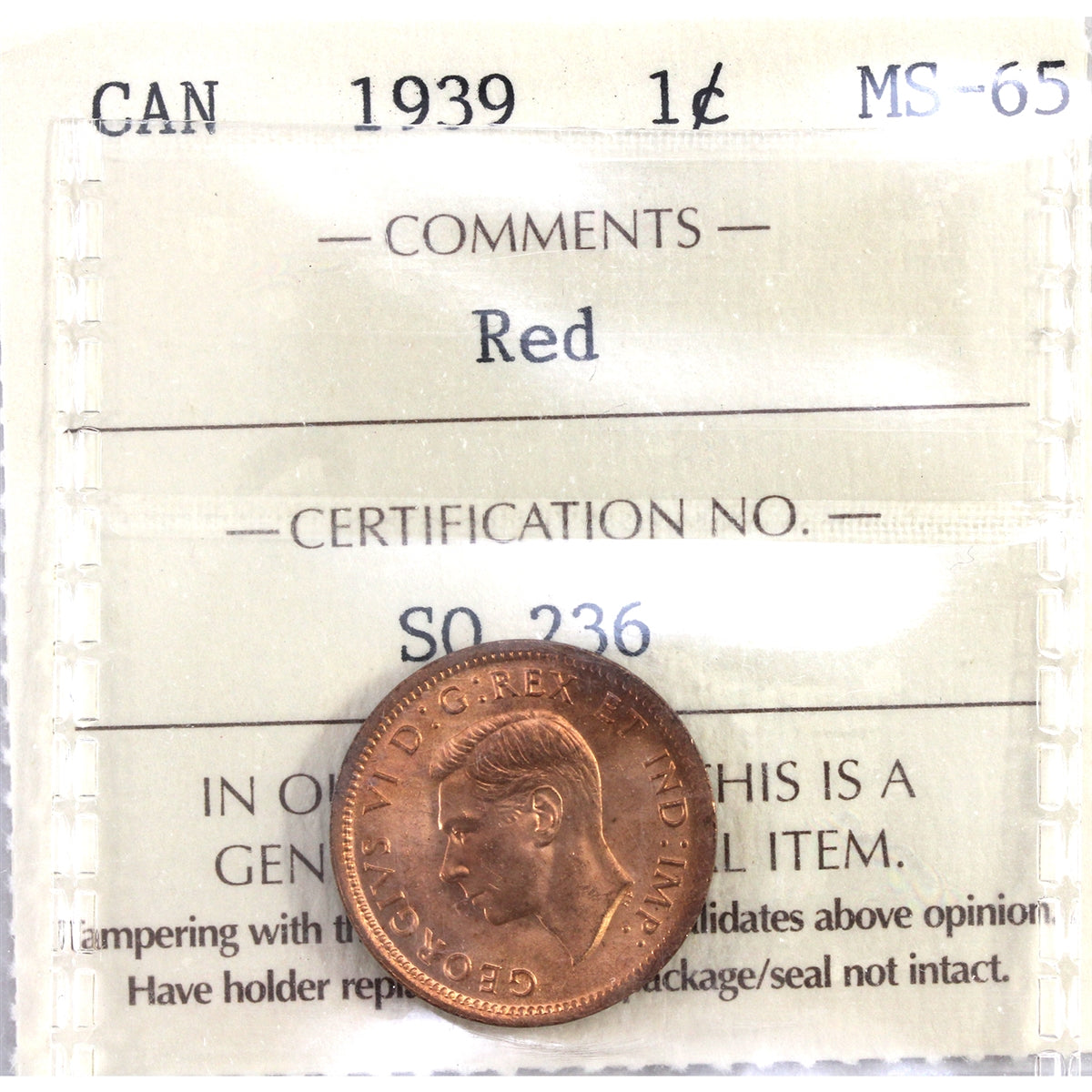 1939 Canada 1-cent ICCS Certified MS-65 Red