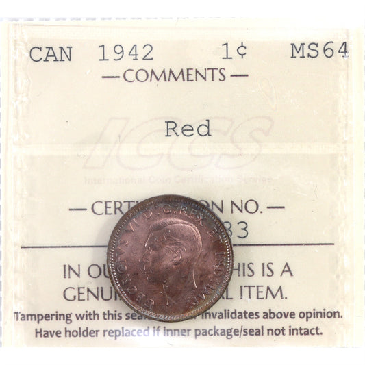 1942 Canada 1-cent ICCS Certified MS-64 Red