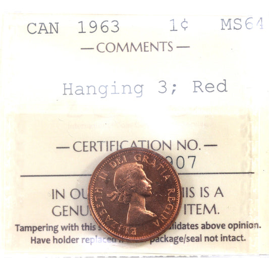 1963 Hanging 3 Canada 1-cent ICCS Certified MS-64 Red