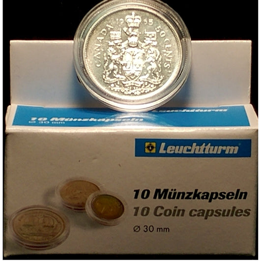 10 x Round plastic coin capsules for Canadian 50-cents Silver (30mm).