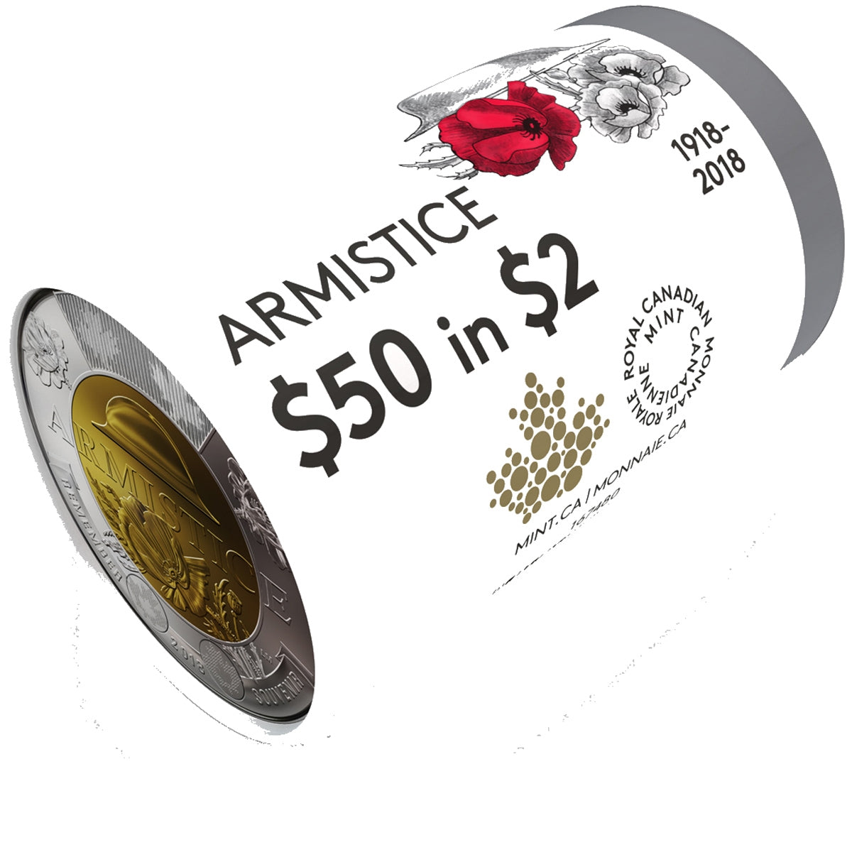 2018 Canada $2 Armistice Special Wrap Roll of 25pcs (some coloured)