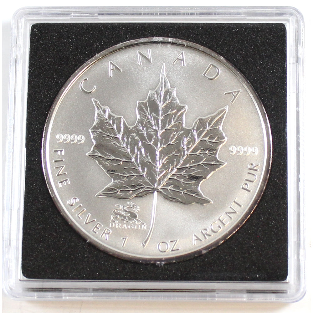 2000 Canada $5 1oz Fine Silver Maple Leaf Dragon Privy Mark Coin (light toning) No Tax.