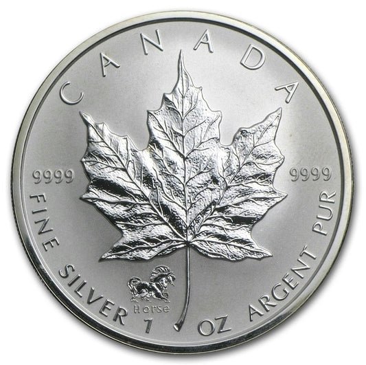 2002 Canada $5 Horse Privy 1oz. Silver Maple Leaf (No Tax) Lightly toned