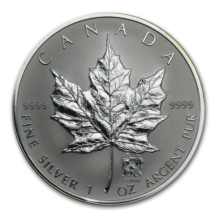 2004 Canada Gemini Privy Mark 1oz. Silver Maple Leaf (TAX Exempt) Lightly Toned