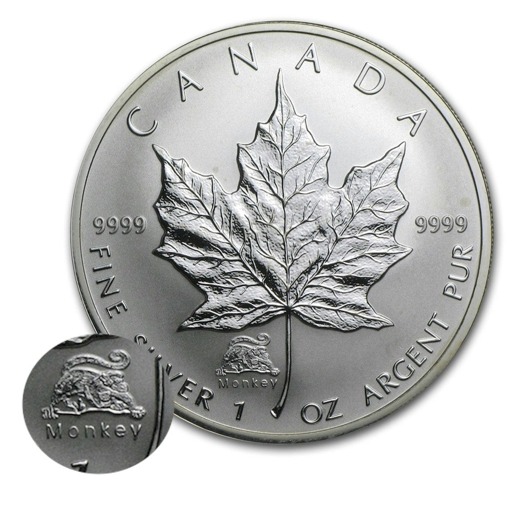 2004 Canada Year of the Monkey Privy 1oz. Silver Maple Leaf (TAX Exempt) Lightly Toned