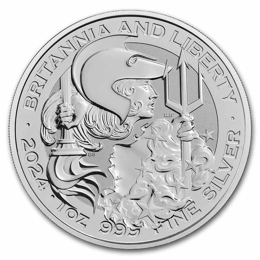 2024 Great Britain 2-Pound Britannia & Liberty 1oz. .999 Silver (No Tax) Lightly Toned