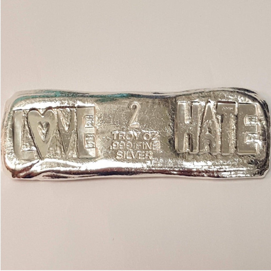 Beaver Bullion Love & Hate 2oz. .999 Fine Silver Bar (No Tax)