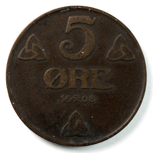 Norway 1908 5 Ore VF-EF (VF-30) $