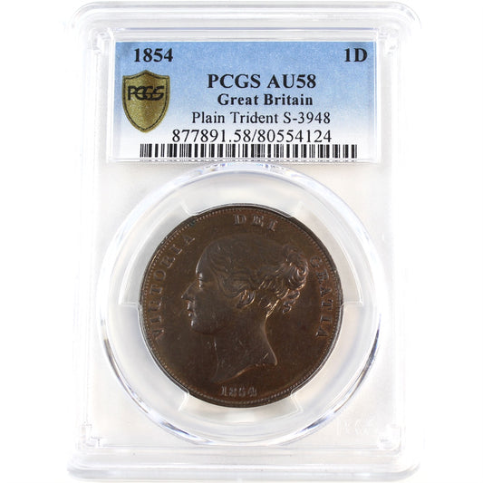 Great Britain 1854 Plain Trident Penny PCGS Certified AU58