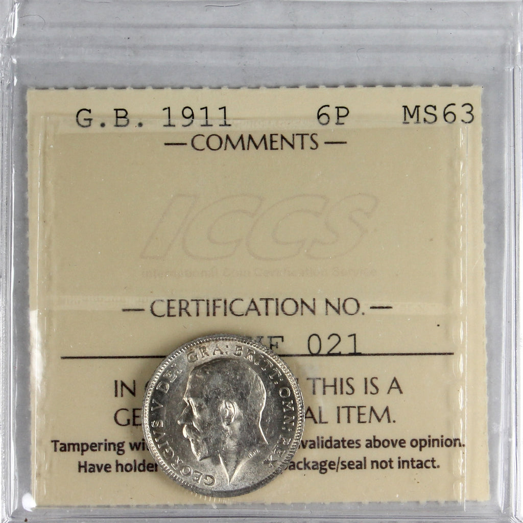 Great Britain 1911 Six Pence ICCS Certified MS-63