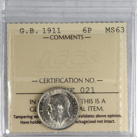 Great Britain 1911 Six Pence ICCS Certified MS-63