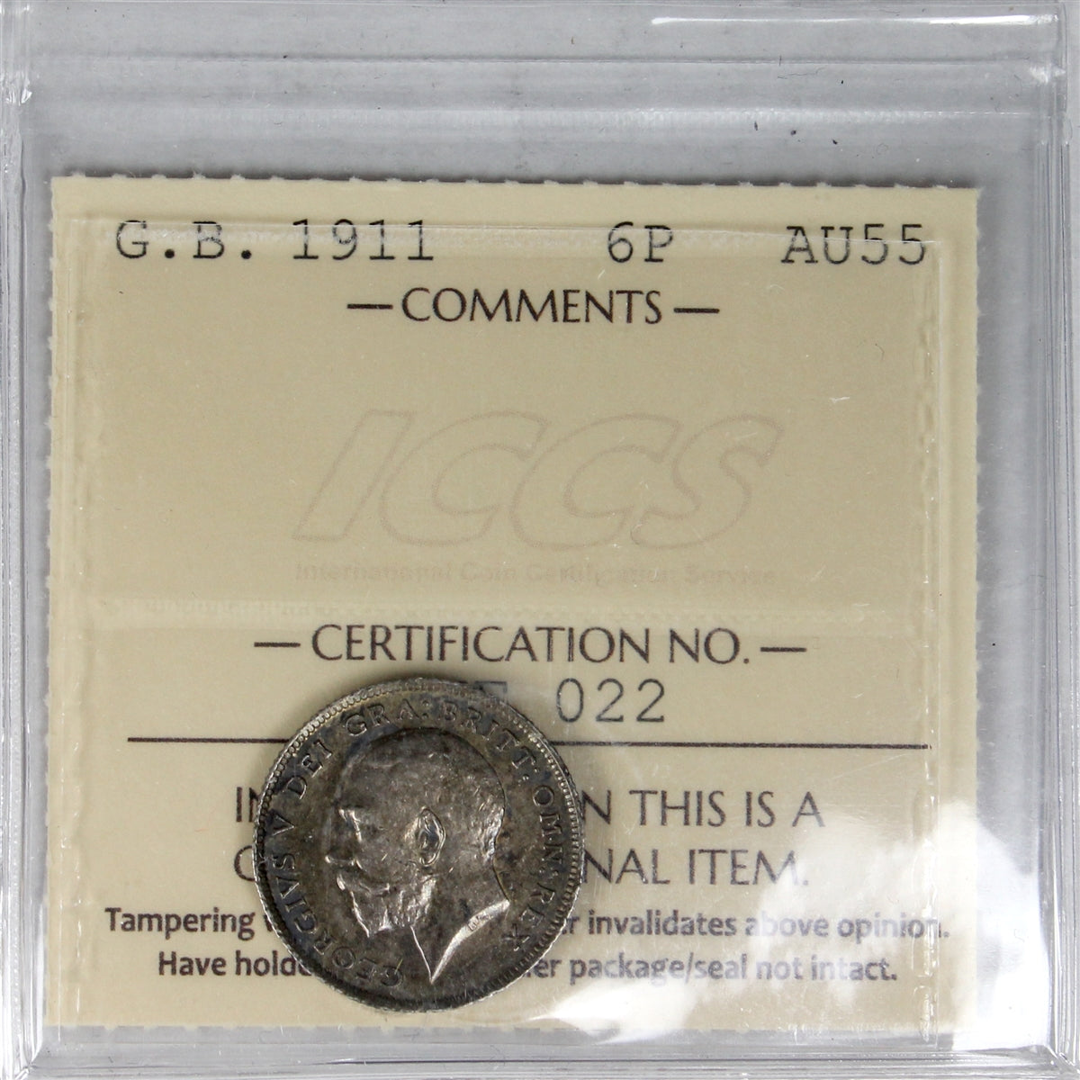 Great Britain 1911 Six Pence ICCS Certified AU-55