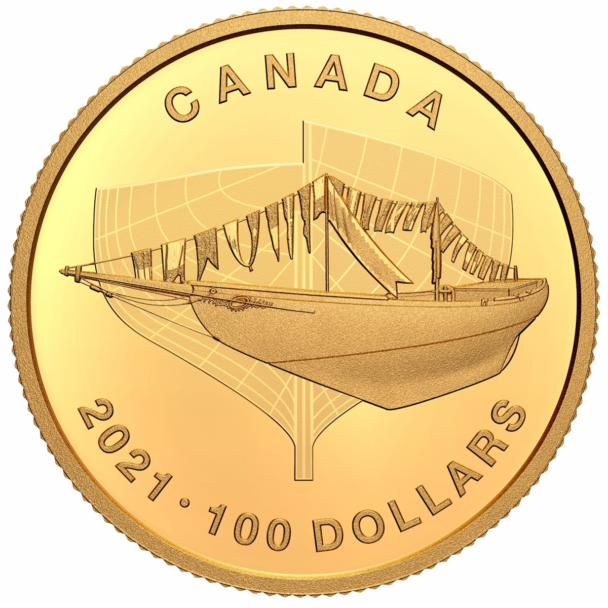 2021 Canada $100 100th Anniversary of the Bluenose: The Launch Pure Gold (No Tax)