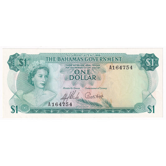 Bahamas 1965 1 Dollar Note, Pick #18a 2 Signatures, AU-UNC