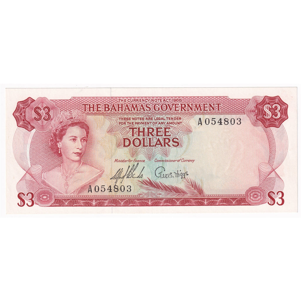 Bahamas 1965 3 Dollar Note, Pick #19a 2 Signatures, AU-UNC