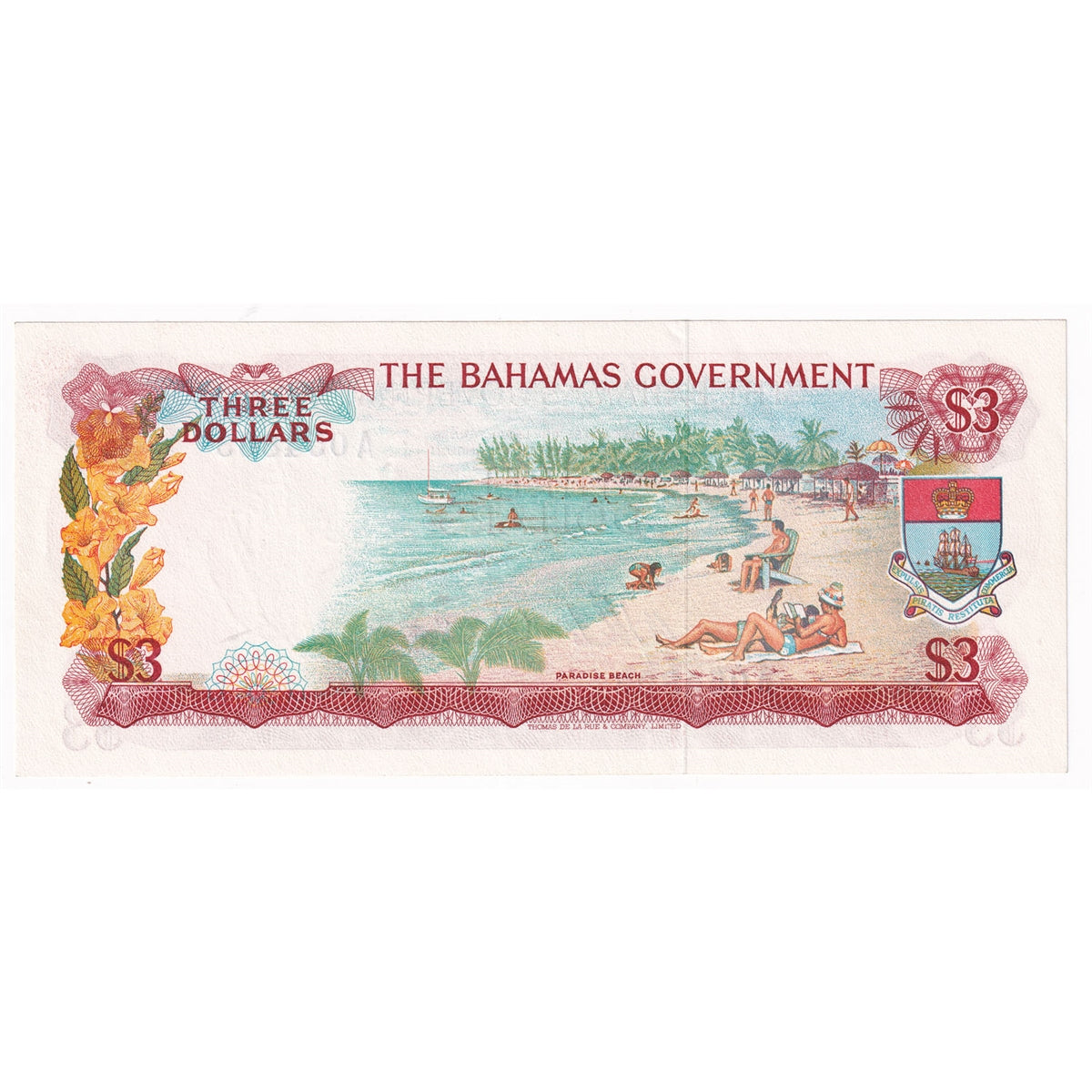 Bahamas 1965 3 Dollar Note, Pick #19a 2 Signatures, AU-UNC