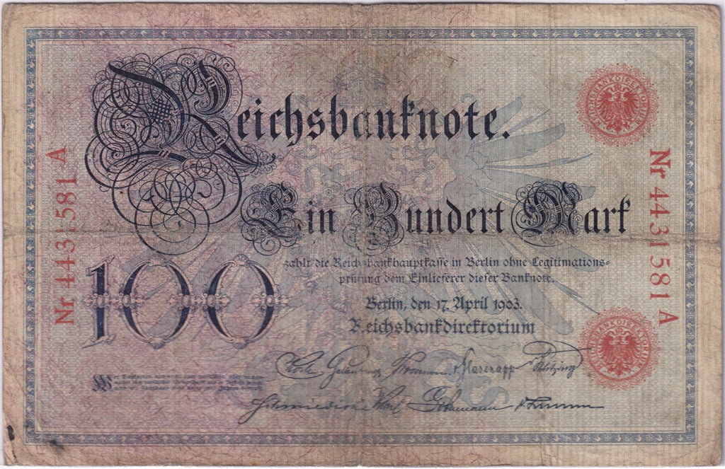 Germany 1903 100 Mark Note, Pick #22, VG (holes) (L)