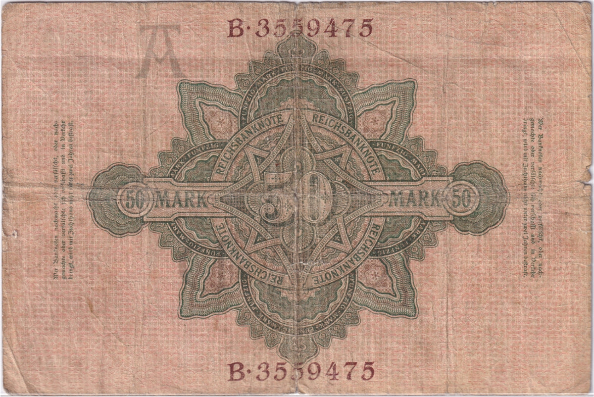 Germany 1910 50 Mark Note, Pick #41, VG (damaged) (L)