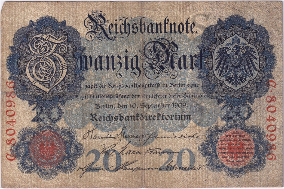 Germany 1909 20 Mark Note, Pick #37, VG-F (tear) (L)