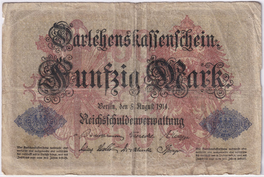 Germany 1914 50 Mark Note, Pick #49b, VG (hole) (L)