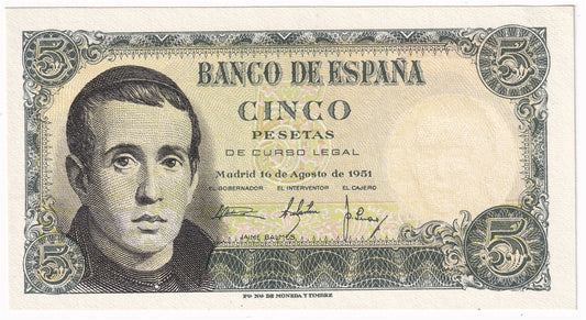 Spain 1951 5 Pesetas Note, Pick #140a, UNC