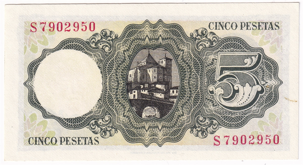 Spain 1951 5 Pesetas Note, Pick #140a, UNC