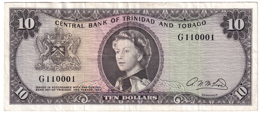 Trinidad and Tobago 1964 10 Dollar Note, Pick #28b, VF (tear)