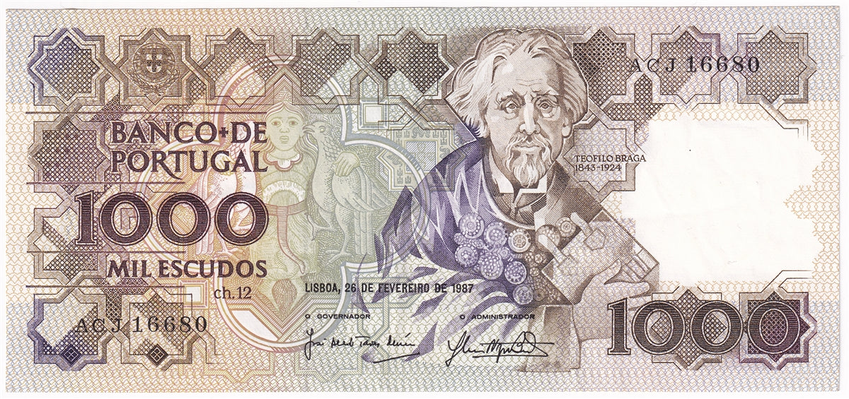 Portugal 1987 1,000 Escudos Note, Pick #181c, AU