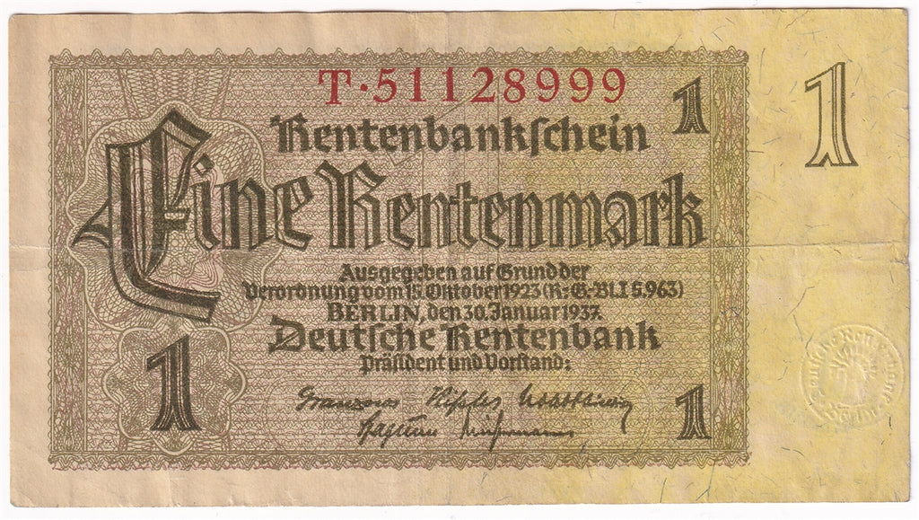 Germany 1937 1 Rentenmark Note, Pick #173b, 8 Digit, VF