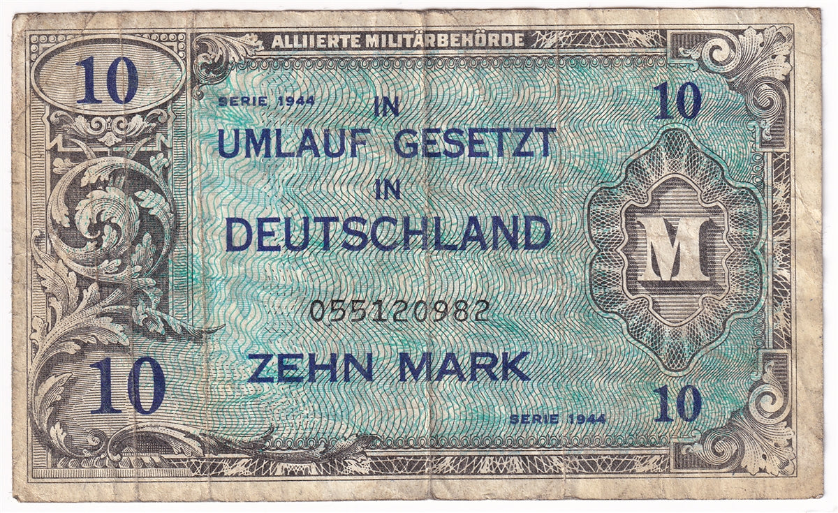 Germany 1944 10 Mark Note, Pick #194a, 9 Digit with F, F-VF