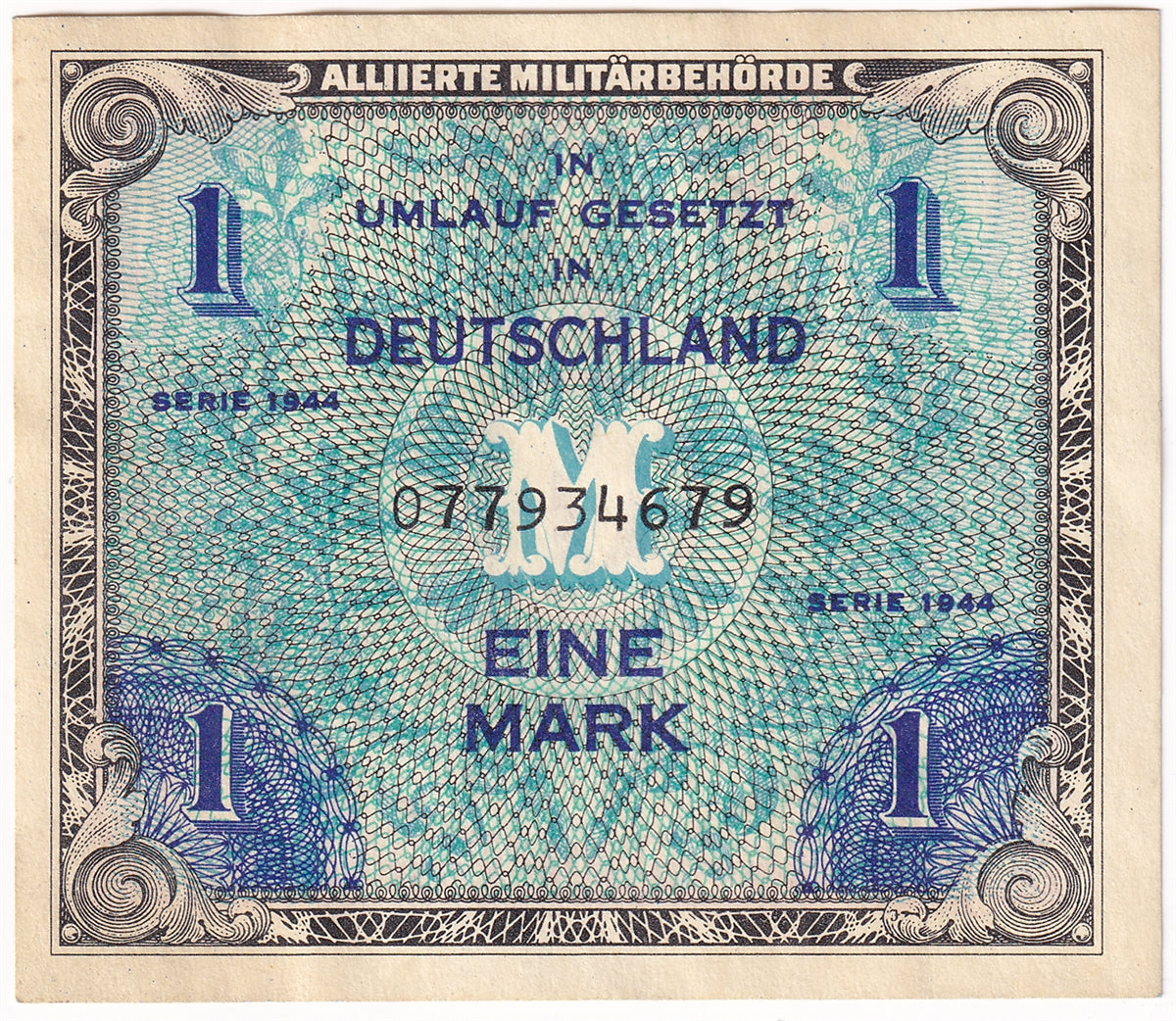 Germany 1944 1 Mark Note, Pick #191a, With F, AU