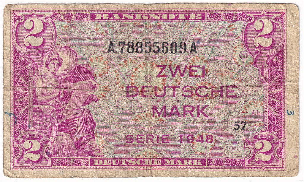 Germany 1948 2 Deutsche Mark Note, Pick #3a, VG-F (writing)