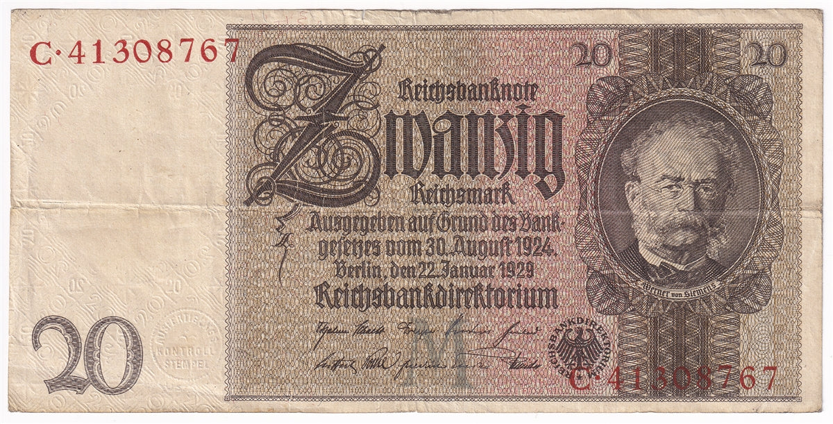 Germany 1929 20 Reichsmark Note, Pick #181a, F-VF(tear)