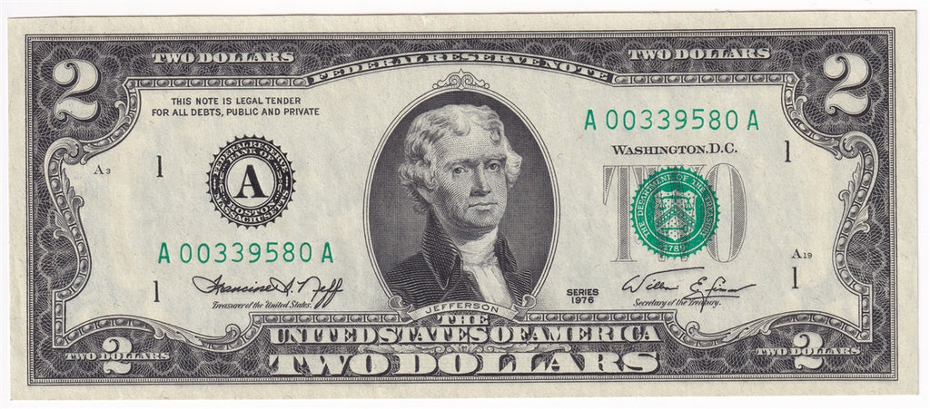 USA 1976 $2 Note, FR #1935A, Neff-Simon, Boston, CUNC