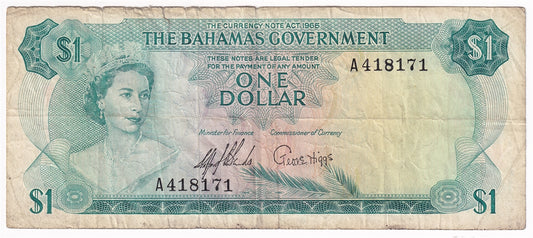 Bahamas 1965 1 Dollar Note, Pick #18a 2 Signatures, Circ