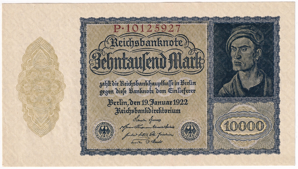 Germany 1922 10,000 Mark Note, Pick #72, AU-UNC (L)