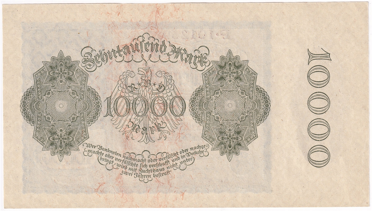 Germany 1922 10,000 Mark Note, Pick #72, AU-UNC (L)