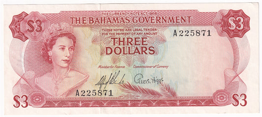 Bahamas 1965 3 Dollar Note, Pick #19a 2 Signatures, AU