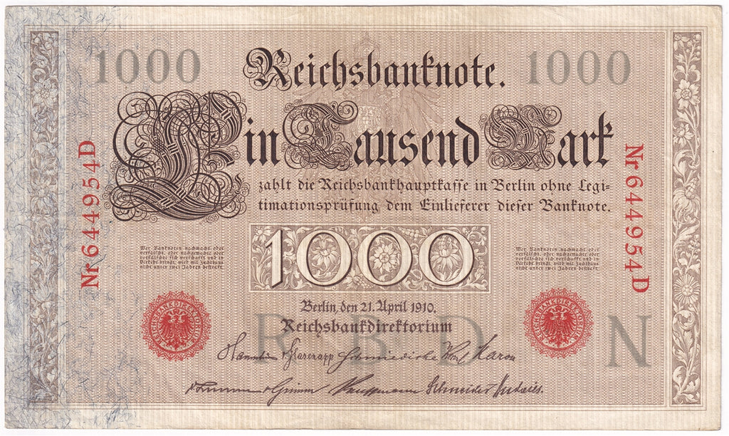 Germany 1910 1,000 Mark Note, Pick #44a 6 Digit, VF-EF (L)